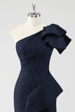 One Shoulder Navy Ruffled Mermaid Formal Dress