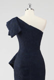 One Shoulder Navy Ruffled Mermaid Formal Dress