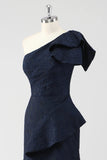 One Shoulder Navy Ruffled Mermaid Formal Dress