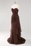 Strapless Ruched Dark Brown Ruffled Formal Dress