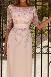 Dusty Rose Boat Neck Floral Midi Mother of the Bride Dress with Half Sleeves