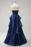 Dark Navy Strapless Tiered A Line Long Bridesmaid Dress