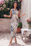 Sheath Black Floral Bateau Neck Midi Wedding Guest Dress