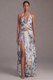 Halter Black Printed Floral A Line Long Evening Dress with slit