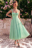 Light Blue A Line Corset Pleated Square Neck Wedding Guest Dress