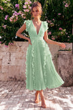 Dusty Rose V Neck A Line Pleated Midi Wedding Guest Dress