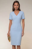 Navy V-Neck Pencil Short Sleeve Knee-Length Work Dress With Back Slit