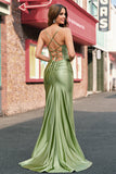 Sage Mermaid Spaghetti Straps Lace-up Back Prom Dress With Slit