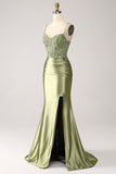Sage Mermaid Spaghetti Straps Lace-up Back Prom Dress With Slit