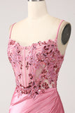 Mermaid Spaghetti Straps Sequin Corset Pink Prom Dress with Slit