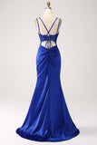 Mermaid Corset Beaded Royal Blue Long Prom Dress with Slit
