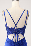 Mermaid Corset Beaded Royal Blue Long Prom Dress with Slit