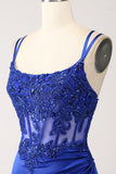 Mermaid Corset Beaded Royal Blue Long Prom Dress with Slit