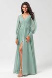 Matcha A Line Chiffon Ruffles Long Bridesmaid Dress with Slit
