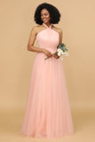 Blush A Line Halter Floor Length Tulle Bridesmaid Dress
