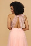 Blush A Line Halter Floor Length Tulle Bridesmaid Dress