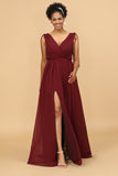 Burgundy V-Neck Ruched Long Chiffon Bridesmaid Dress