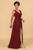 Burgundy V-Neck Ruched Long Chiffon Bridesmaid Dress