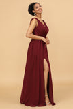 Burgundy V-Neck Ruched Long Chiffon Bridesmaid Dress