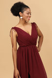 Burgundy V-Neck Ruched Long Chiffon Bridesmaid Dress