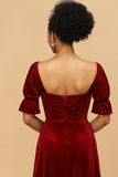 Burgundy Flare Sleeves Velvet Bridesmaid Dress with Slit