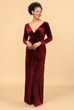 Burgundy Sheath Deep V-Neck Floor Length Velvet Bridesmaid Dress