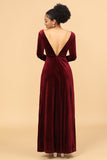 Burgundy Sheath Deep V-Neck Floor Length Velvet Bridesmaid Dress