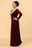 Burgundy Sheath Deep V-Neck Floor Length Velvet Bridesmaid Dress