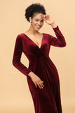 Burgundy Sheath Deep V-Neck Floor Length Velvet Bridesmaid Dress