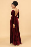 Burgundy Sheath Deep V-Neck Floor Length Velvet Bridesmaid Dress