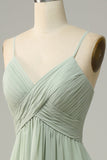 Dusty Sage A Line Spaghetti Straps Chiffon Bridesmaid Dress with Sleeveless