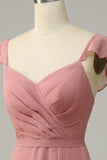 Dusty Rose A Line Ruffles Long Chiffon Bridesmaid Dress With Slit