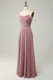 Dusty Rose A Line Spaghetti Straps Sleeveless Chiffon Bridesmaid Dress