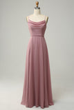Dusty Rose A Line Spaghetti Straps Sleeveless Chiffon Bridesmaid Dress