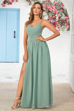 Matcha Spaghetti Straps Corset Long Bridesmaid Dress with Criss Cross Back