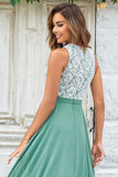 Matcha A Line Round Neck Chiffon Bridesmaid Dress with Lace