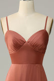 Brick Red Sheath Spaghetti Straps Satin Bridesmaid Dress with Slit