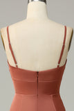 Brick Red Sheath Spaghetti Straps Satin Bridesmaid Dress with Slit