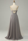 Silver A Line Spaghetti Straps Long Bridesmaid Dress with Slit