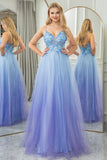 Gradient Blue Glitter A Line Tulle Long Prom Dress With Appliques