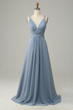 Dusty Blue A Line Deep V Neck Chiffon Bridesmaid Dress