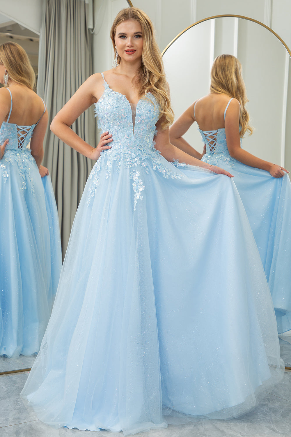Wedtrend Women A Line Tulle Prom Dress Light Blue Long Formal