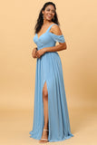 Steel Blue A Line V Neck Cold Shoulder Chiffon Bridesmaid Dress