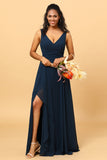Dark Navy A Line V Neck Floor Length Chiffon Bridesmaid Dress with Slit