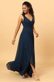 Dark Navy A Line V Neck Floor Length Chiffon Bridesmaid Dress with Slit