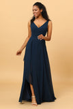 Dark Navy A Line V Neck Floor Length Chiffon Bridesmaid Dress with Slit