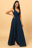 Dark Navy A Line V Neck Floor Length Chiffon Bridesmaid Dress with Slit