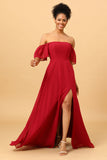 Burgundy off the Shoulder Long Chiffon Bridesmaid Dress with Slit