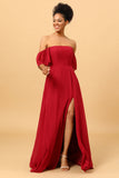 Burgundy off the Shoulder Long Chiffon Bridesmaid Dress with Slit
