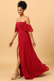 Burgundy off the Shoulder Long Chiffon Bridesmaid Dress with Slit